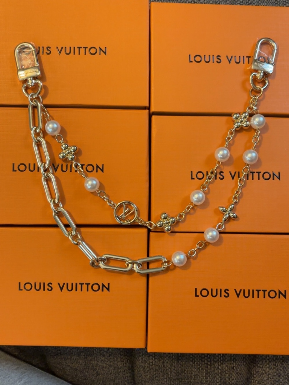 Louis Vuitton Gold Chain Strap with Pearl and Fleur Charm